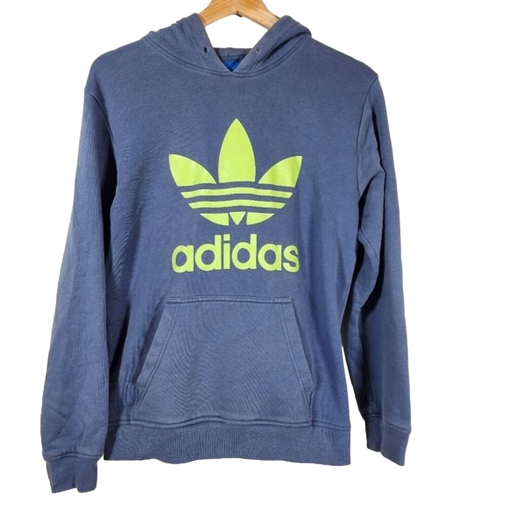 Light Blue Vintage Adidas Green Logo Hooded Sweatshirt Size Small